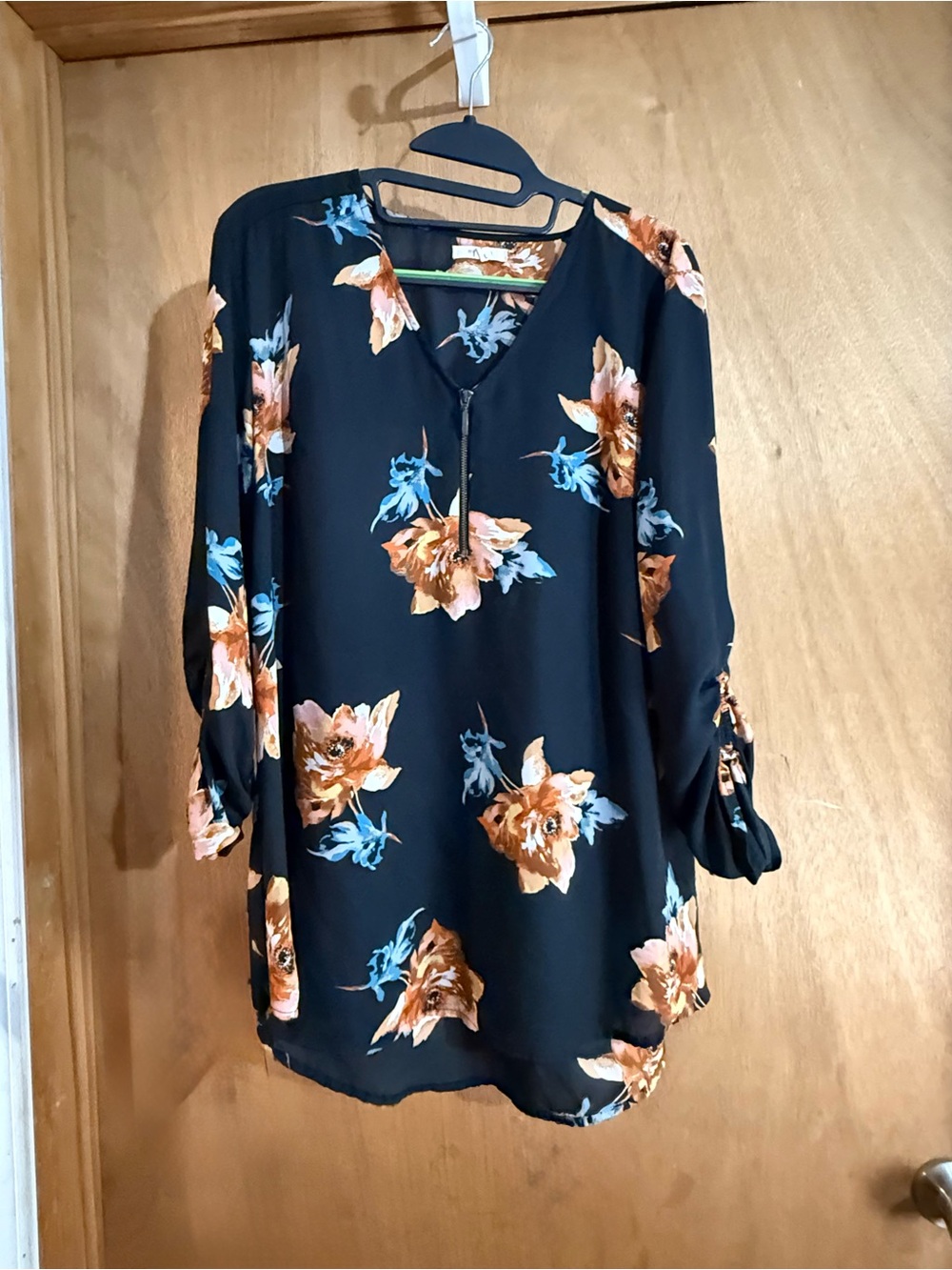 Maurices Black Floral Zip-Front Tunic with Blue and Brown Accents